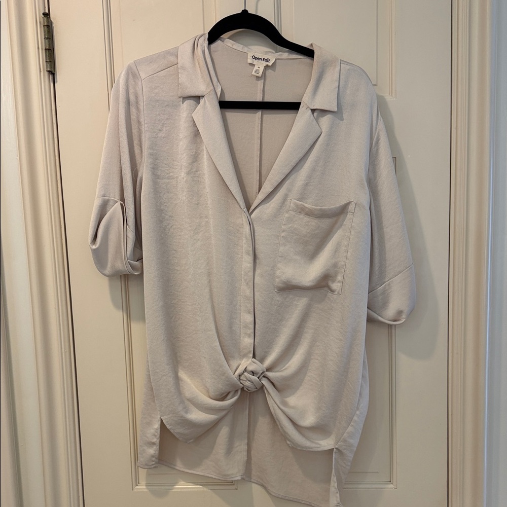 Open Edit Cream Button-Front Knot Shirt